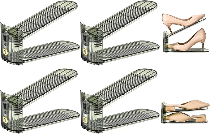shoe slots organizer, Clear Shoe Stacker, Adjustable Level Shoe Rack,Storage Space Saver for Sneakers Display (Green Transparent, 6Pack)