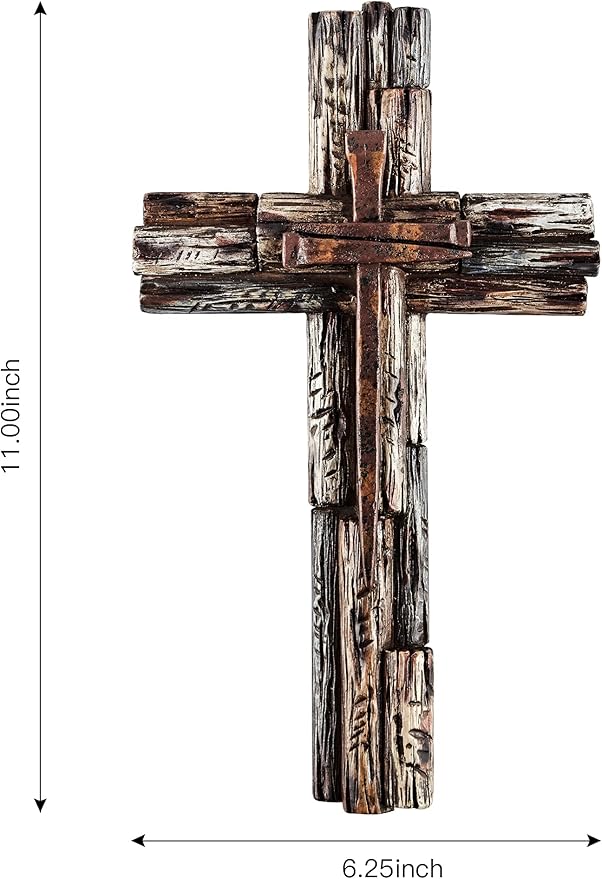 Eagrafts Rustic Decorative Layered Wood Like Resin Wall Cross With Faux Iron Nails, Home Wall Decor