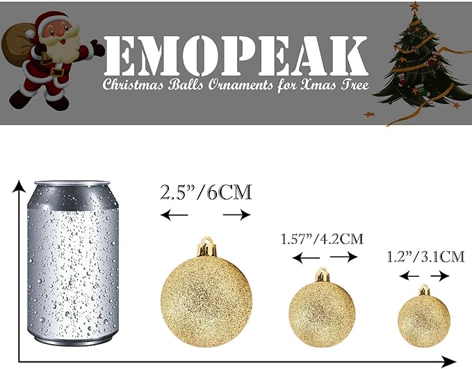 Emopeak 24Pcs Christmas Balls Ornaments for Xmas Christmas Tree - 4 Style Shatterproof Christmas Tree Decorations Hanging Ball for Holiday Wedding Party Decoration (Gold, 1.6"/4.2CM)