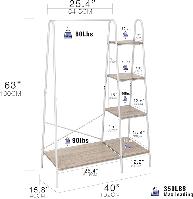 Finnhomy Metal Clothes Closet Rack, Clothing Rack for Hanging Clothes White Heavy Duty Garment Rack with 5 Wood Shelves Freestanding Portable Closet Organizer for Bedroom/Entryway/Boutiques
