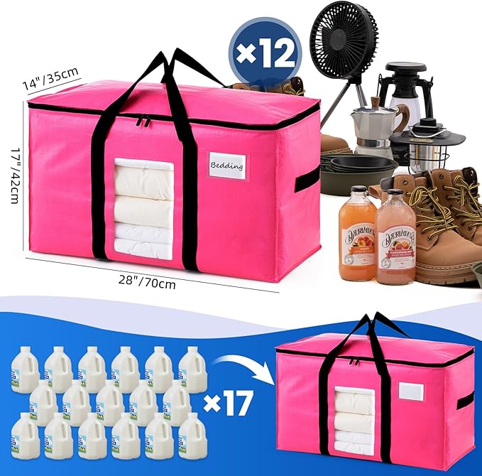 TAILI 12 Pack Pink Extra Large Moving Bags, Heavy Duty Totes with Visible Window, Wrap Around Handles, Space-Saving Storage Solution, Alternative to Moving Boxes
