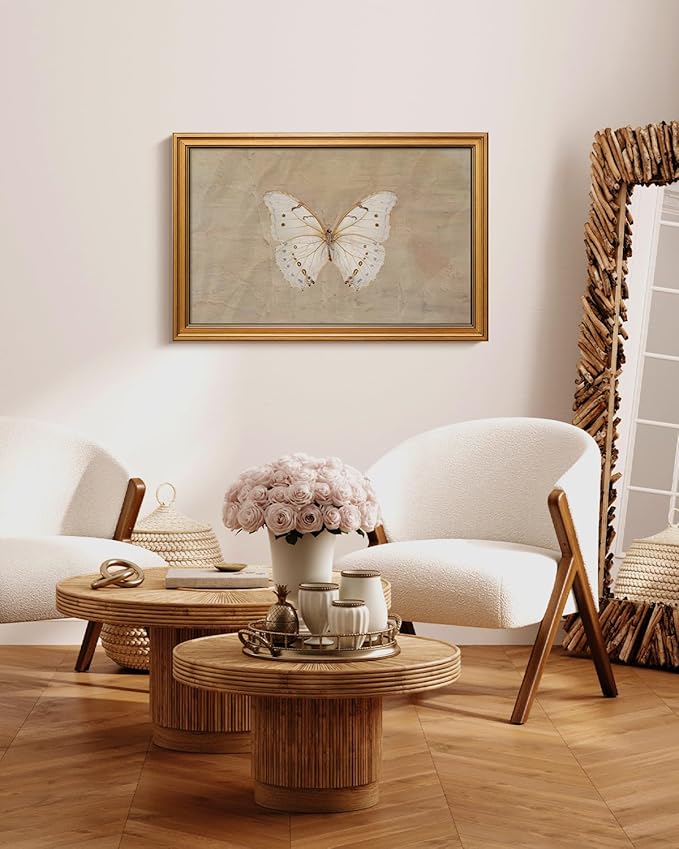 VIYYIEA Vintage Gold Framed Wall Art for Living Room, White Butterfly Canvas Prints Home Decor, Oil Painting Picture, Bedroom Wall Decor Gifts for Friends or Family -【Morpho polyphemus】-(24L x 16W)