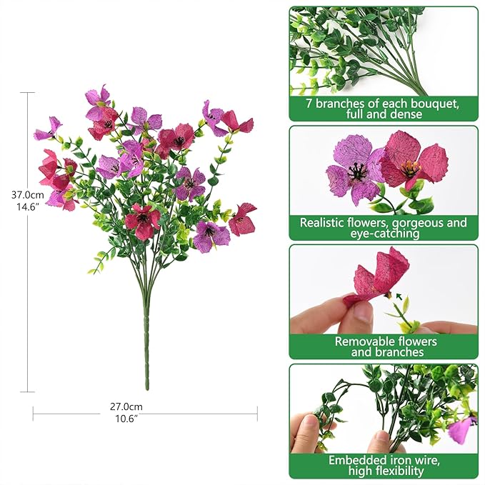 Homsunny Artificial Fake Flowers Plants for Outdoors - 12 Bundles Fake Plants Faux Silk Flowers Outside, UV Resistant for Planter Front, Porch, Garden, Patio, Spring Decor
