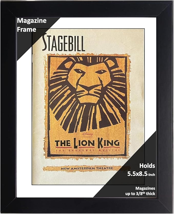 Creative Picture Frames 5.5 x 8.5 Magazine Theatre Show Frame with Full-Strength Glass, Holds Up To A 1/4" Thick Media with Installed Hangers for Easy Mounting, 8x10 Black Frame with White Mat