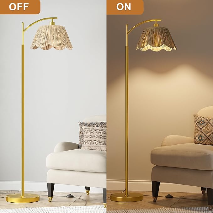 Oneach Arc Floor Lamp for Living Room with 3 Color Temperatures, Rattan Boho Floor Lamp with Hand-Woven Wicker Shade,Farmhouse Floor Lamps with Remote & Dimmable Bulb, Suitable for Bedroom（Gold）