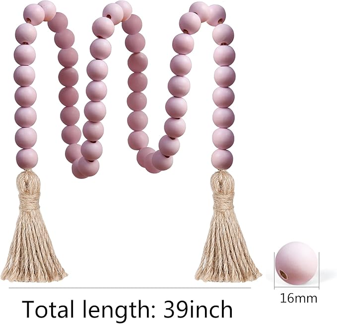 Meplait 39in Wood Bead Garland Farmhouse with Tassels,Versatile Prayer Beads Boho Chic Wall Hanging Home Decor (Pink)