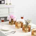 Square Glass Vases Set of 6, 4" x 4" x 4" Square Flower Vases for Centerpieces, Amber Vase for Flowers, Small Vase for Wedding, Party, Home Office Decoration