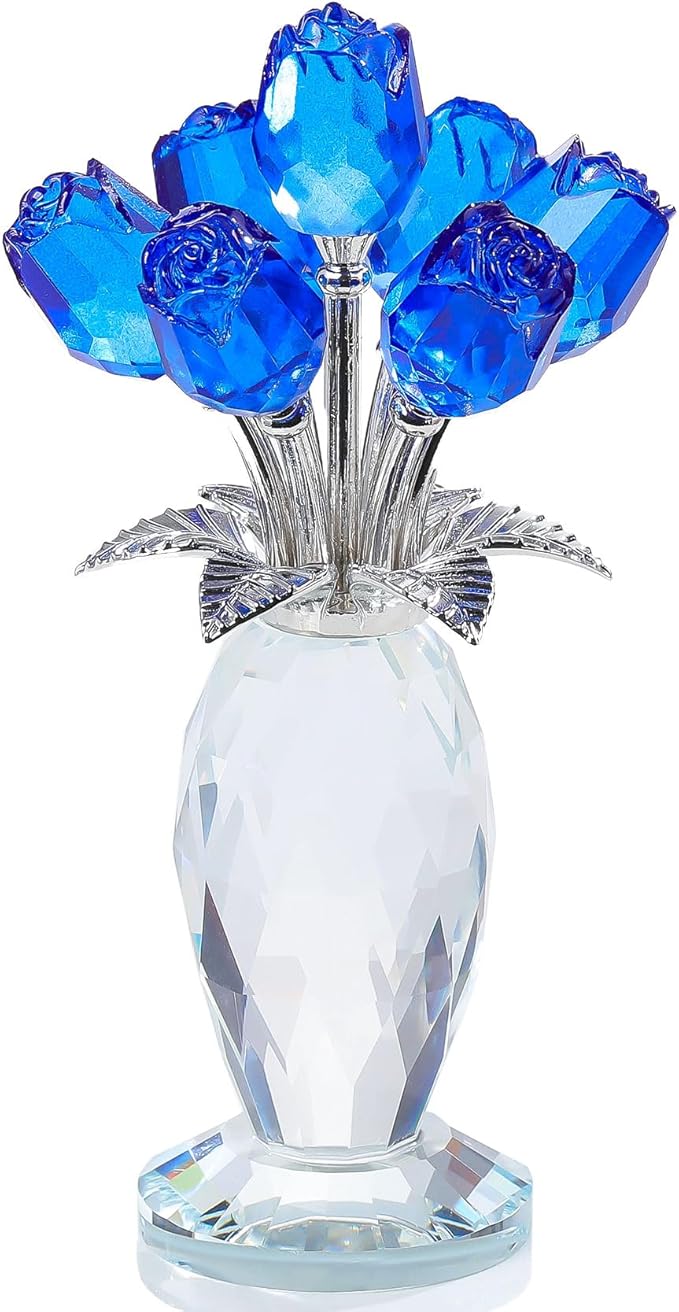 Movdyka Blue Rose Crystal Flower Figurine with Vase Glass Rose Gifts for Women Wife Girlfriend Mom Collectible Home Table Decor for Mother's Day Birthday Wedding Anniversary