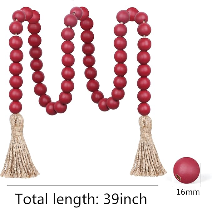 Meplait 39in Wood Bead Garland Farmhouse with Tassels,Versatile Prayer Beads Boho Chic Wall Hanging Home Decor (Burgundy)