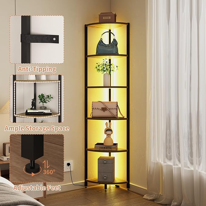 6-Tier Corner Shelf with LED Lights - 65" Tall Narrow Bookshelf, Standing Shelf with Storage Rack, Sturdy Metal Frame & Waterproof Shelves, Rustic Brown, for Living Room/Bedroom/Bathroom