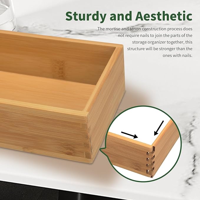Bamboo Drawer Organizer 8"*4"*2", Bamboo Storage Box for Clothes, Dresser Makeup, Kitchen Utensil, Office Supplies