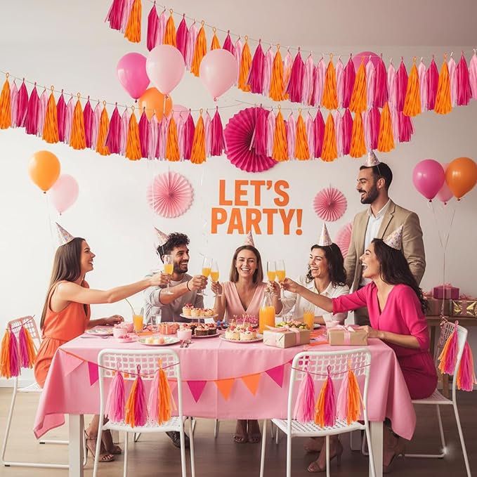 Hot Pink and Orange Paper Tissue Tassel Garland Banner for Pink and Orange Party Decorations,15 Pcs