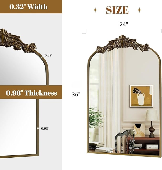 Dewfig Antique Arched Wall Mirror, 24"x36" Vintage Bronze Bathroom Mirror - Baroque Metal Frame Brass Mirror for Living Room, Bathroom, Fireplace, Entryway, Bronze
