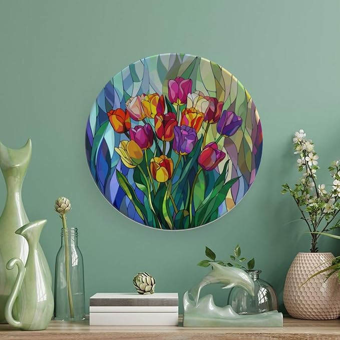Stained Glass Theme Decorative Ceramic Plate Round Porcelain Plate,6 inch,Tulip Pattern,for Decorative Ornaments Giving Plates, 1 Plate with 1 Display Stand,Multicolor