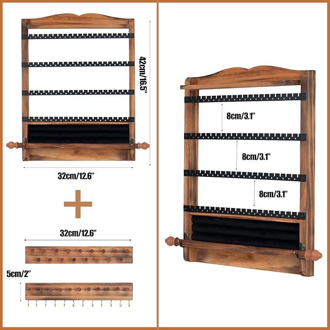 QILICHZ 3Pcs Jewelry Organizers and Storage,Wood Earring Organizer,Hanging Jewelry Organizer,Rustic Wall Jewellery Organizer,Wall Mounted Earring Holder for Storage Display Gift (Brown+Black)
