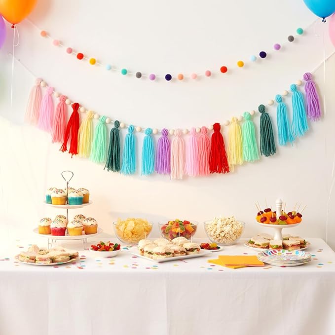 2 Pcs Boho Tassel Garland, 6.5 Feet Pom Pom Garland Rainbow Felt Ball Garlands Colorful Pastel Tassel Wall Hanging Banner with Wood Beads for Classroom Wedding Baby Shower Birthday Party Home Decor