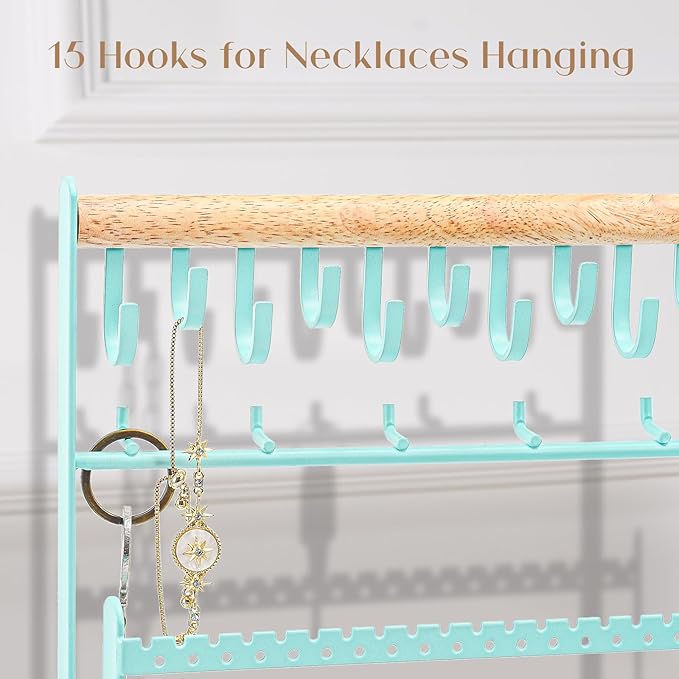 ProCase Jewelry Organizer Stand Necklace Organizer Earring Holder, 6 Tier Jewelry Stand Necklace Holder with 15 Hooks, Jewelry Tower Display Rack Storage Tree for Bracelets Earrings Rings -Aqua