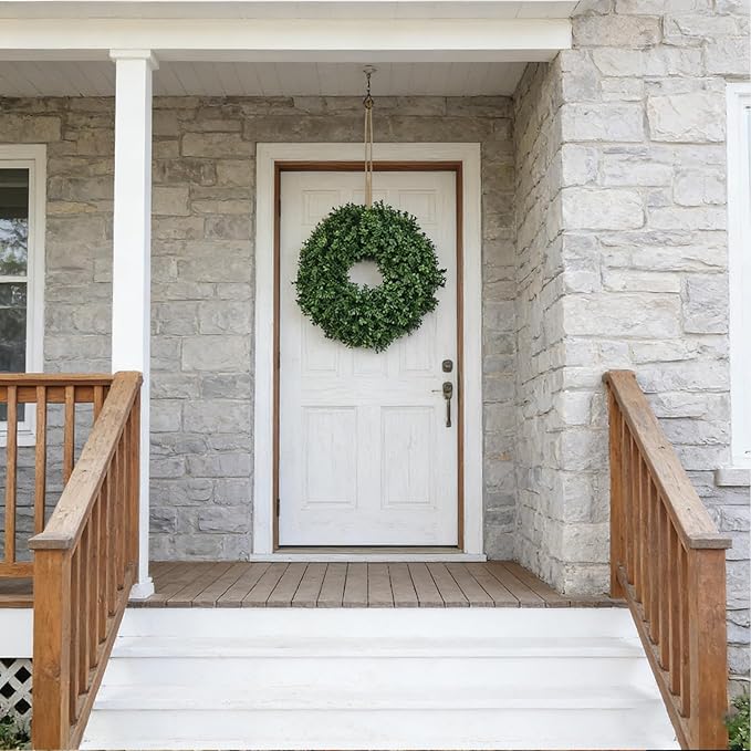 24 Inch Artificial Boxwood Wreath for Front Door – Lush Green Leaf Wreath for All Seasons, Faux Boxwood Door Decor for Farmhouse, Porch, Wall, and Indoor Outdoor Home Decoration (1, 24 Inch)