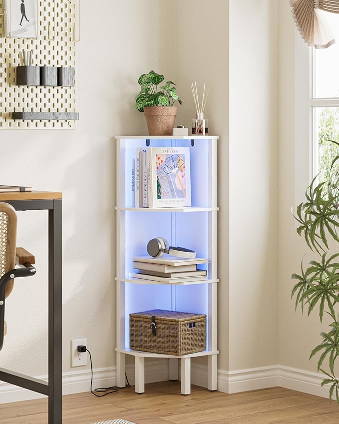 Corner Shelf Stand Corner Bookshelf with Light, 4-Tier Wall DisplayCorner with Storage Rack for Living Room,Bedroom,Office, White