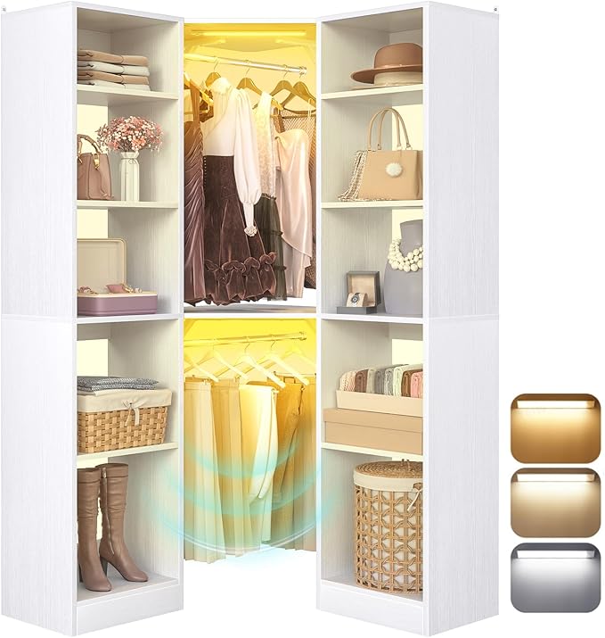 Corner Closet System with 2 Motion Sensor Lights, 39.2" Corner Closet Organizer with 12 Shelves, Closet Corner with 2 Hanging Rods, Versatile 6-Tier Walk-in Closets for Corner Space, White
