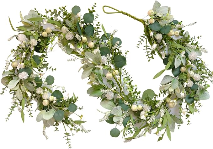 70-inch Summer Garland Green Eucalyptus Leaves with White Fruits Thorns Garland Spring Summer Vine for Front Door Fireplace Dining Table Home Decor, Wedding Arch Party Festival Decor