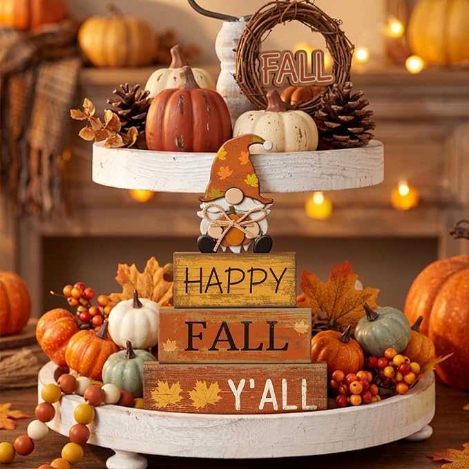 Lineshading 4 Pcs Fall Decorations for Home Wooden Gnome Block Sign Thanksgiving Tiered Tray Decor Thanksgiving Centerpiece Rustic Fall Table Decor for Autumn Harvest Party Home Kitchen Decorations