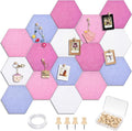 Mindsoft 16 Pcs Hexagon Cork Board for Walls with 50 Wooden Push Pins 12x10 in Felt DIY Tiles Notice with Nano Tape Hanging Bulletin Board for Home Photo Office Memo Note(Pink)