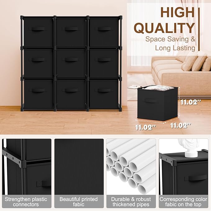 9 Cube Storage Organizer with Shelf Back to School Boxes 11 Inch Toy Storage Bins Closet Organizers Drawers Fabric Dresser for Playroom Books Bedroom Dorm Kitchen (Black)