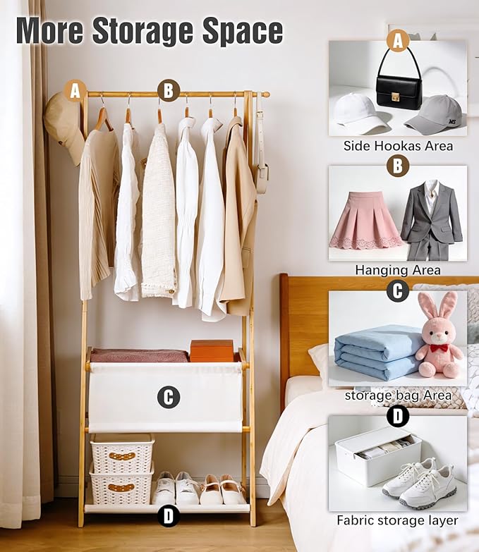Bamboo Clothes Rack with Storage Box and Storage Shelf, Portable Extra Large Garment Rack Clothing Rack, Foldable Wardrobe For Entryway and Bed Room (S - 31.5 Inch)