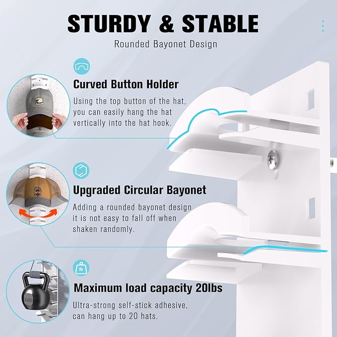 Hat Organizer for Baseball Caps 4Pack, Hat Rack for Wall with Strong Adhesive Hold up to 40 Hats, Hat Hanger Holder Display for Door Closet, Cap Organizer Storage Multilayer Two Mounting Option(White)