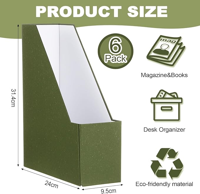 Gueevin Set of 6 Magazine File Holders, Sturdy Cardboard Desk Magazine Organizer with Gold Label Slots, Foldable File Folder Rack for Home Office Classroom Library(Green)
