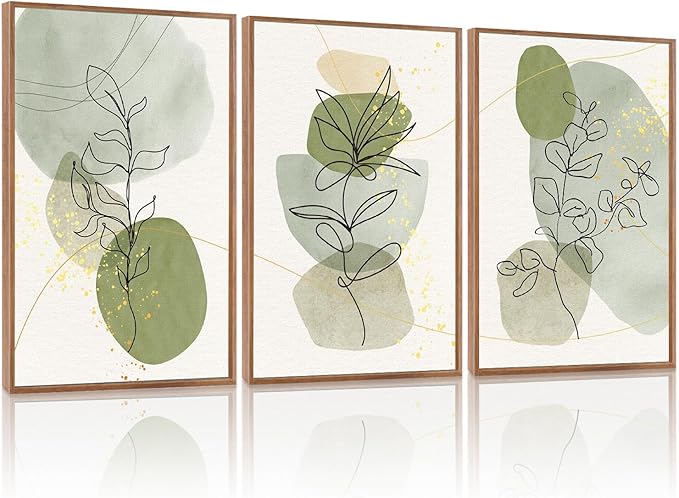 KAlRNE Boho Botanical Framed Canvas Wall Art Set of 3(24”X36”),Abstract Sage Green Wall Decor,Minimalist Watercolor Picture,Modern Geometric Black Line Art Prints For Living Room Bedroom Office