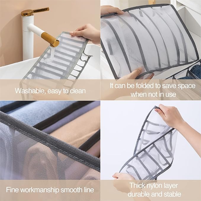 Wardrobe Clothes Organizer 7 Grids Portable Closet Organizer Mesh Separation Storage Box Foldable Closet Drawer Organizer for Underwear Socks Scarves Leggings (Grey, 4 Leggings Grid)