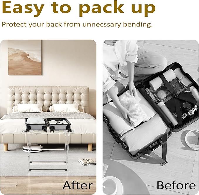 Acrylic Luggage Rack for Guest Room,Folding Luggage Rack with Leather Straps,Holds up to 120 lbs Suitcase Stand for Bedroom, Living Room and Hotel (Beige Leather)