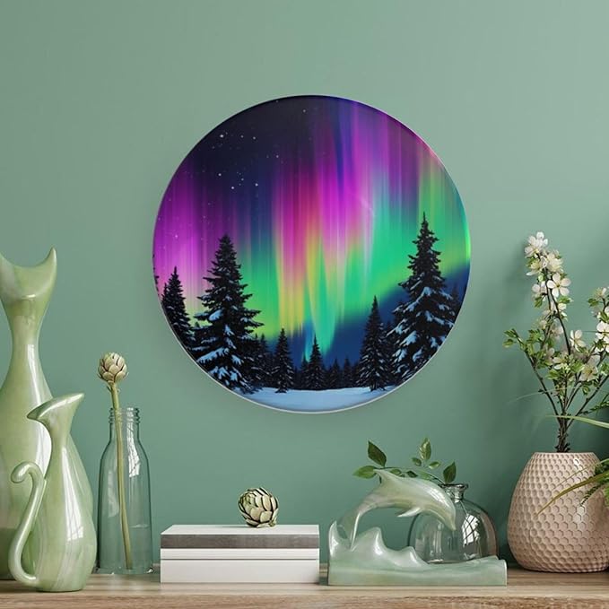 Aurora Theme Decorative Ceramic Plate Round Porcelain Plate,6 inch,Snow Forest Pattern,for Decorative Ornaments Giving Plates,1 Plate with 1 Display Stand,Purple Green