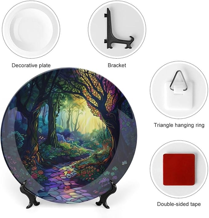 Stained Glass Theme Decorative Ceramic Plate Round Porcelain Plate,8 inch,Sunrise Forest Stream Pattern,for Decorative Ornaments Giving Plates, 1 Plate with 1 Display Stand,Multicolor