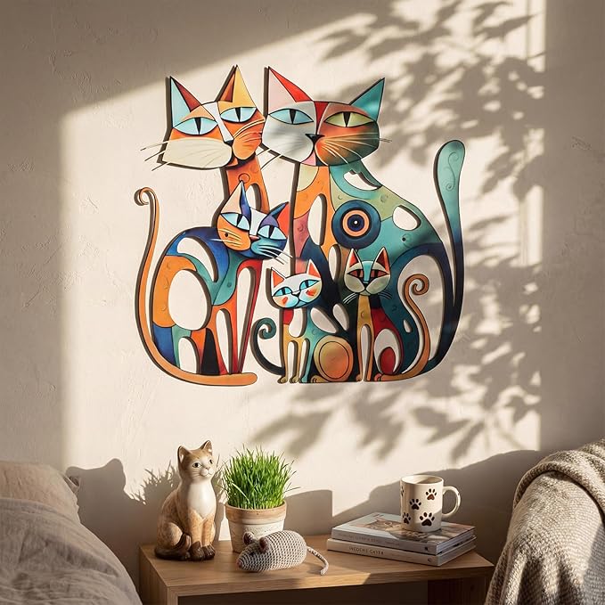 Wesiti Cat Wall Art Decor Iron Wall Sculptures Decor for Cats Lover 13.7 x 13 Inches Colorful Mid Century Cat Retro Signs for Home Living Room Bedroom Kitchen Office(Opulent)