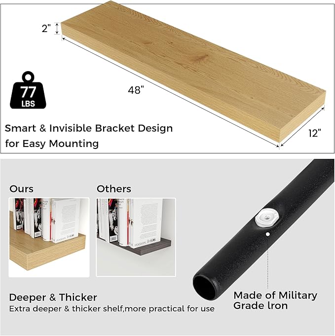 Venusmiles Floating Shelves for Wall, 48" W x 12" D x 2" H, 2 Pack of Long Wall Mounted Engineered Wood Shelves with Invisible Brackets for Living Room, Bedroom, Bathroom, Kitchen Decor, Oak