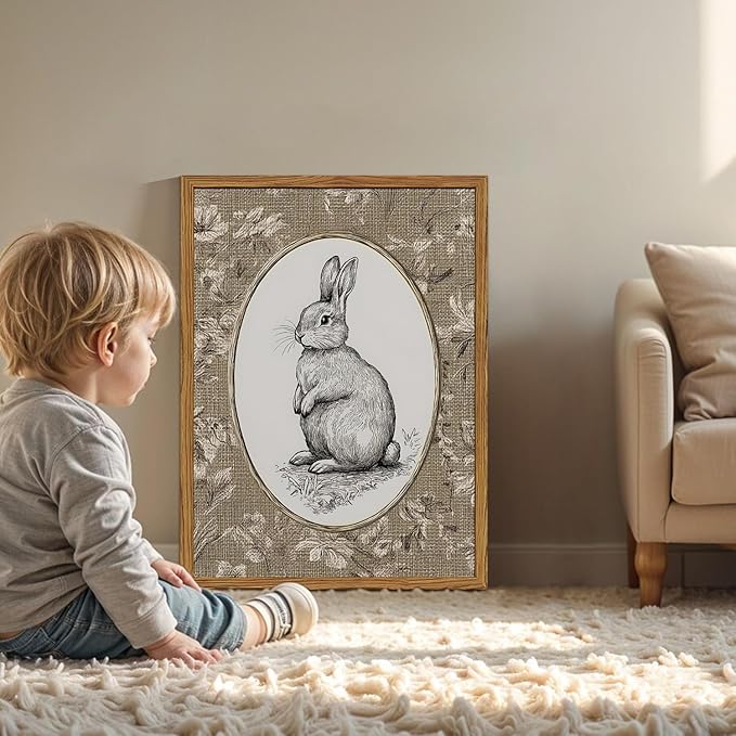 Framed Vintage Rabbit Wall Art, Cute Easter Bunny Pictures Wall Decor, Rustic Farmhouse Animal Paintings Canvas Prints Cottagecore Home Decor for Nursery Living Room Bedroom 12x16 inch