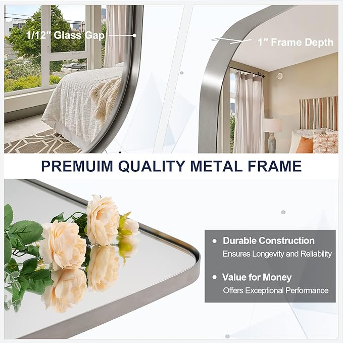 ANDY STAR 18x48 Full Length Wall Mirror, Brushed Nickel Oblong Shaped Body Mirror with Stainless Steel Metal Frame, Rounded Corner Design for Floor and Leaning