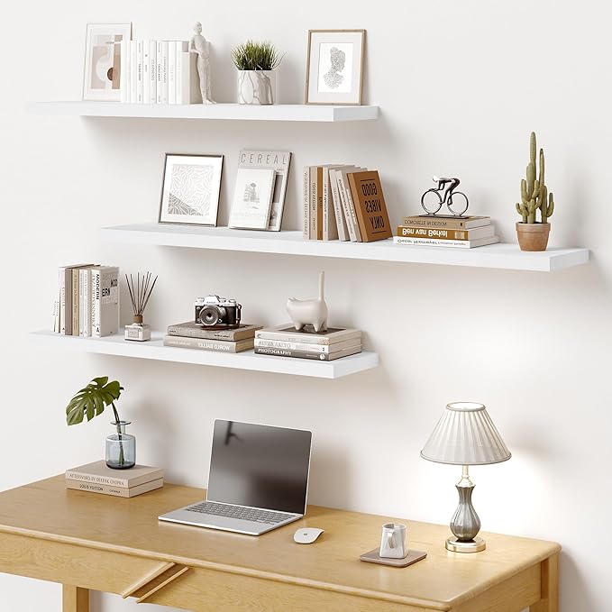 Vivelove 10 in Deep Floating Shelves for Wall, 36" x 10.2" x 1.5" Shelves for Room Wall Mounted, 1.5 Inch Thick Shelf for Bathroom Bedroom Kitchen Book Room, Modern Farmhouse Decor, Set of 2, White