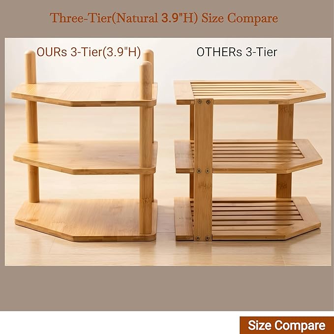 3-Tier Expandable Bamboo Corner Shelf - Dish/Plate Organizer for Cabinet, Kitchen Counter Shelf & Small Kitchen Shelf, Adjustable (Natural, 1-Pc 3.90" H)