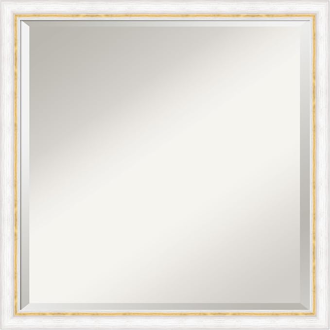 Amanti Art White Wall Mirror 22x22 Morgan White Gold Square Bathroom Mirror for Wall Decor Living Room, Medium Modern Wood Frame, Hangs Horizonally and Vertically, Bathroom Decor, Beveled Edge