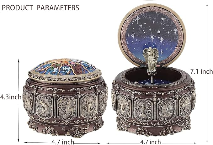 Vintage Music Box Constellation Style Plays Always with Me Tune, Goddess Rotating Musical Box Sankyo 18-Note Wind Up Hand-Painted Collectible Zodiac Gift for Christmas Birthday