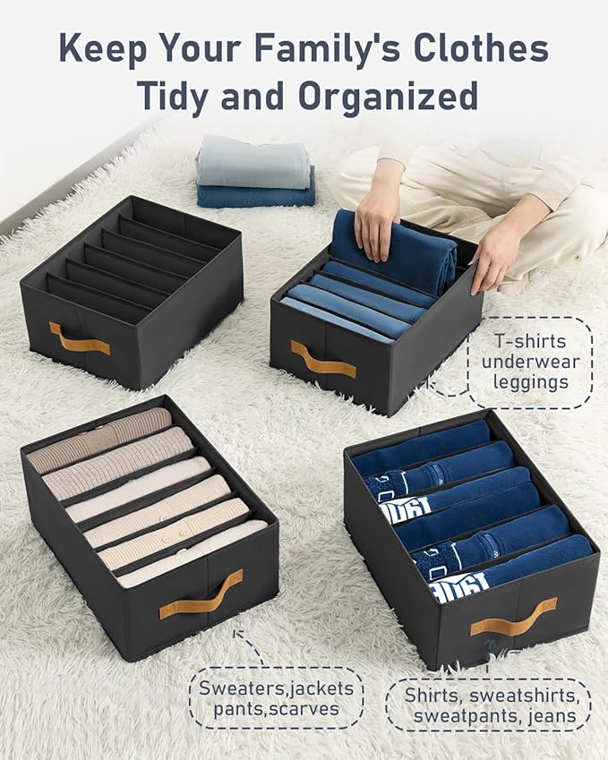 DIMJ Large Wardrobe Clothes Organizers - Foldable Closet Clothing Organizer for Jean Sweater Shirt Pants Underwear Bra, Divided Clothes Storage, Grey Closet Shelf Organizer Boxes