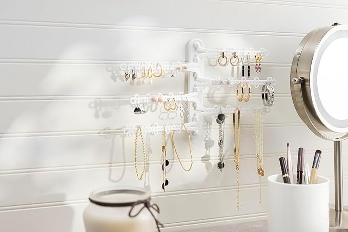 6-Tier 6" Wall Jewelry Organizer, Command Strips included for Easy Hanging, 120 Hole Earring Organizer, Necklace Organizer, Bracelet Holder, Ring Holder, Rotating Branches (White 6-TIer)