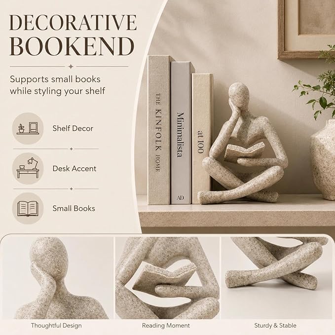 Bookshelf Decor Thinker Statue, Sand Abstract Reading Figurine Style A, Resin Decorative Bookend for Coffee Table, Shelf, Home Office, Library, Gift for Book Lovers