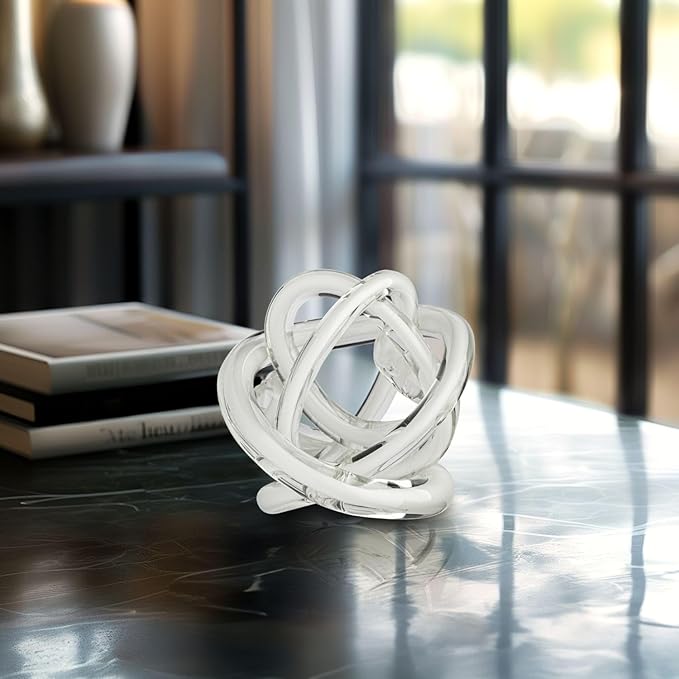 Torre & Tagus Orbit Hand Blown Glass Infinity Knot Sculpture - 3 Inch Glass Art White Knot Decor Ball for Home Decor, Small Centerpiece Table Decoration for Home Interior (Solid White)