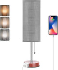 Dott Arts 18" Table Lamp for Bedroom, 3-Color Bedside Lamps with Pull Chain, Bedroom Table Lamps for Nightstand,AC Outlet Small Lamp for Living Room, Bulb Included Grey
