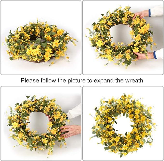 J'FLORU Artificial Spring Wreath 22 Inch Summer Wreaths for Front Door Yellow Daisy Wreath for Indoor Outdoor Home Decor and Easter Celebration